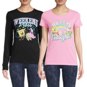 Spongebob Squarepants Pink & Black Womens 2PC Tshirt Set; Size S, M, 2XL